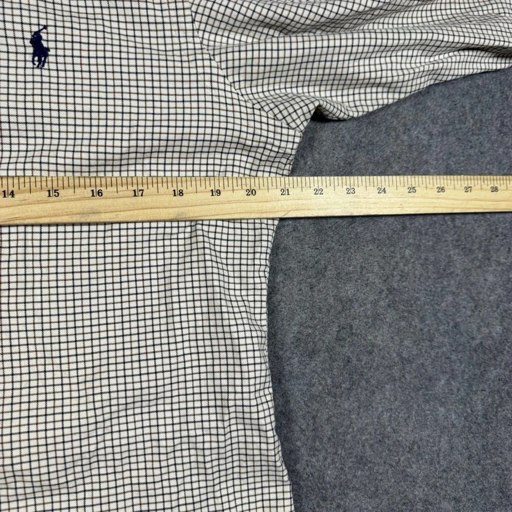 Polo Ralph Lauren Shirt Mens Medium Tan Navy Plaid Custom Fit Cotton Button Down